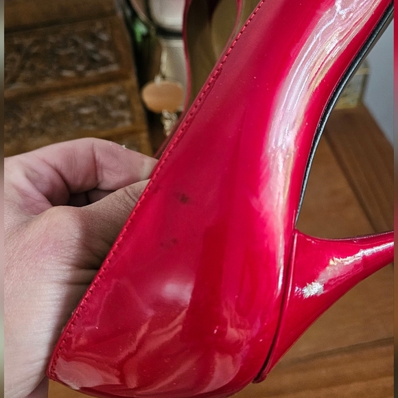 STUART WEITZMAN Designer Quasar Patent Leather Peep-Toe Stiletto Cherry Red.Sz 7 - Picture 8 of 14
